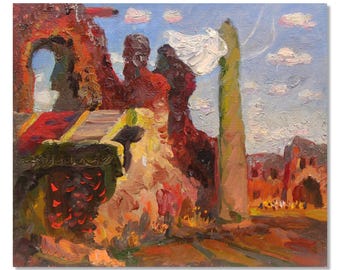 One-of-a-Kind Vintage Painting | Oil on Cardboard | Old Ruins in City by Ukrainian artist Olexandr Mynka