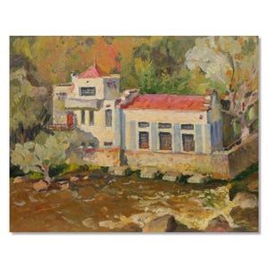 PINTURA ARQUITETÔNICA ORIGINAL, óleo vintage, da artista ucraniana Mynka Olexandr, "Casa de campo"