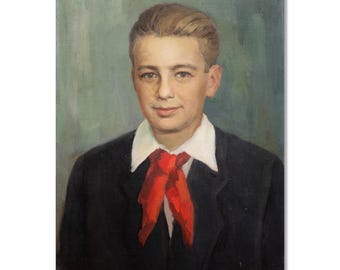 Original Vintage | Oil on Canvas Painting | Boy Portrait | Teenager Pioneer Portrait