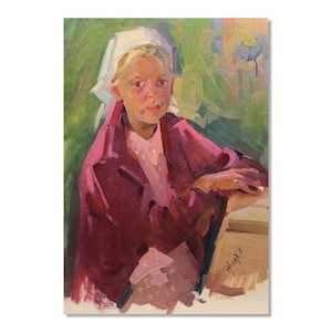 Original Vintage, Retrato de menina, Pintura a óleo do artista ucraniano Volodymyr Erlih - Adolescente em lenço branco