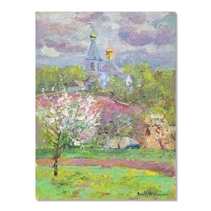 Pintura al óleo de paisaje ucraniano: árbol floreciente e iglesia ortodoxa de Boris Yeremin