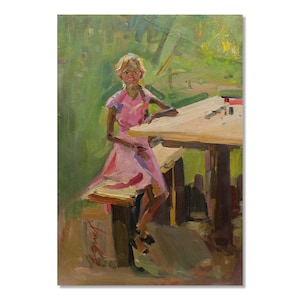 Cena encantadora: pintura a óleo vintage de Erlih Volodymyr - Jovem relaxando em uma mesa de casa de campo