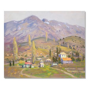 Mountain Landscape, oil on cardboard – hillside village view