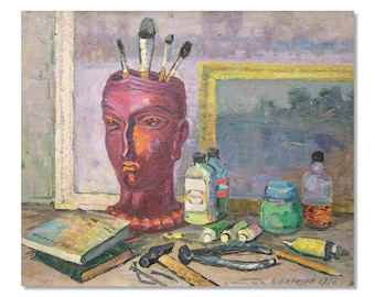 Still life painting, oil on canvas – artist studio scene