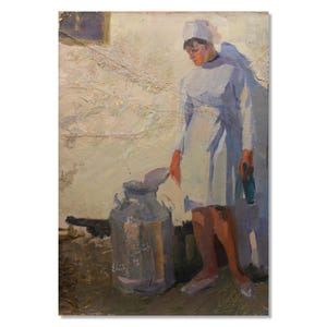 Hermoso retrato original de mujer al óleo vintage de Ivan Evchenko - Arte de la lechera ucraniana
