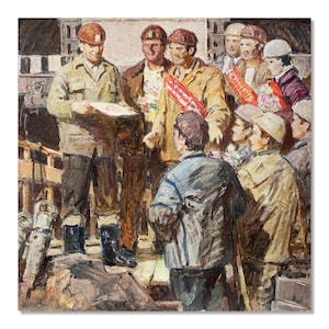 Pintura a óleo de arte soviética | Arte original do gênero vintage | Trabalhadores da construção civil | Artista ucraniano Evgeny Zherdzitsky