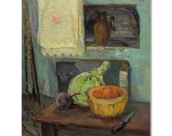 Pintura de bodegón, óleo sobre lienzo: interior de cocina rústica