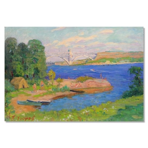 Pintura de gênero vintage | River Beach | Arte em óleo | Artista ucraniano Boris Egorov