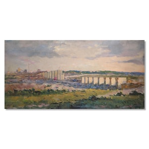 Bridge Construction Landscape – Ukrainian Oil Painting on Canvas