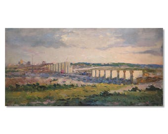 Paisaje de construcción de puentes – Pintura al óleo ucraniana sobre lienzo