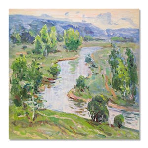 Original Vintage River Artd | Serene River Amidst Lush Greenery | Ukrainian Artist Ivan Tyukha Oil on Cardboard Painting