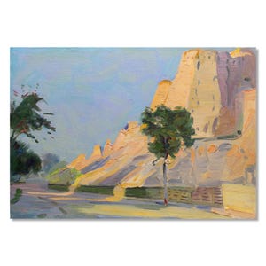 Pintura a óleo vintage de paisagem da Ásia Central do artista ucraniano Tyukha Ivan "Ruínas Antigas"