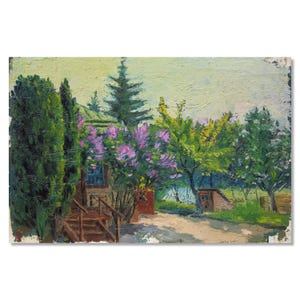 Pintura a óleo original de jardim de casa de aldeia - Arte de paisagem vintage feita à mão por Boris Shlapak