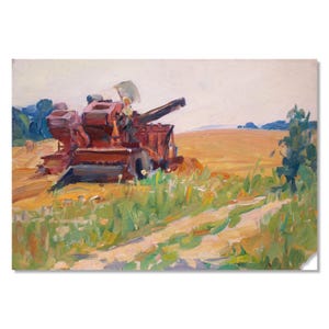 Cosecha de trigo / Pintura original vintage / Óleo sobre cartón del artista ucraniano