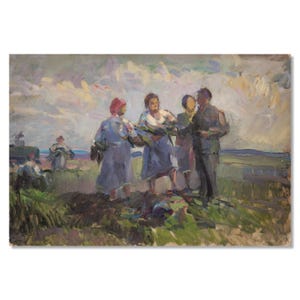 Pintura de gênero soviética | Pintura a óleo vintage original | Obra de arte da era soviética | Cena de discussão sobre colheita