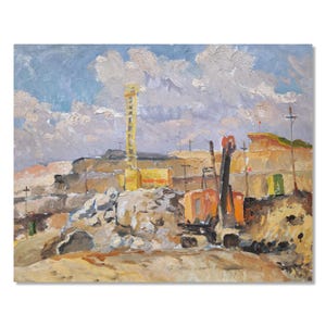 Vintage Industrial | Pintura a óleo | Escavadeiras cavando o solo | Carreira na construção