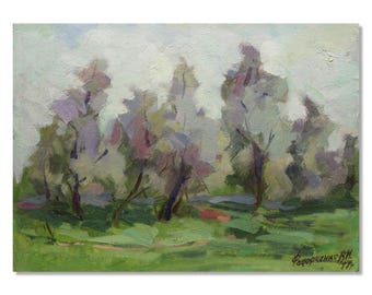 Serene Green Glade After the Rain - Original Vintage Oil Landscape Painting by Ukrainian Artist