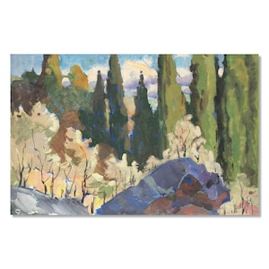 Green trees summer original oil landscape vintage painting by Unidentified Ukrainian artist &quot;Cypress trees&quot;