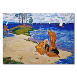 Original Vintage Kunstwerk | Jugendlicher Urlaub am See | Ukrainische Künstlerin Anna Yukhno-Gurevich