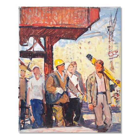 本物のヴィンテージソビエト油絵｜工事現場の昼休み｜正体不明の