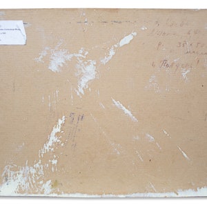 May include: The back of a painting with a label that reads "Inventar Nr. 6403, Artist:  Mosina,  Konstantin,  Titel:  Painting,  Format:  330 x 500,  &Ouml;l auf Leinwand,  1914-1918". The back of the painting is a light brown colour with white paint splatters.
