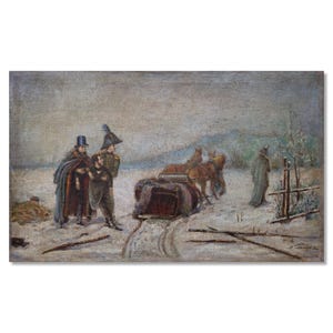 Antique Reproduction | Vintage Genre Oil Painting | Pushkin vs. Dantes Duel Scene