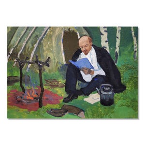 Cena de gênero ucraniana vintage: pintura a óleo original de Vladimir Lenin acampando
