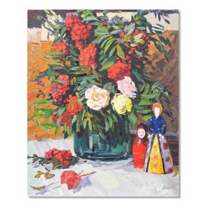 Encantadora naturaleza muerta con rosas y viburnum / Pintura al óleo original vintage / Ucraniana