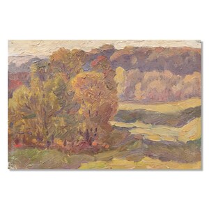 Reflejos otoñales en la ribera del río – Pintura al óleo original sobre cartón de la artista ucraniana Mynka