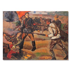 Pintura histórica a óleo sobre papelão | Obra de propaganda soviética | Artista ucraniano não identificado