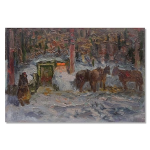 Arte original vintage da Segunda Guerra Mundial | Artista ucraniana Mynka Olexandr | Pintura a óleo de gênero de soldado e cavalos