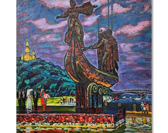 Original Vintage Cityscape Painting: Ukrainian Van Gogh's Kyiv View
