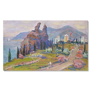 Vista do mar com montanhas | Pintura a óleo vintage | Artista ucraniano Ivan Tyukha