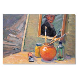 Pintura a óleo autêntica e vintage do artista ucraniano Ivan Tyukha - Sala com instrumentos
