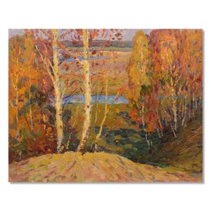 Impresionante pintura de paisaje otoñal en el bosque de la famosa artista ucraniana Mynka Olexandr