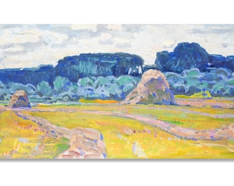 Pintura de campo, óleo sobre cartón, original, paisaje vintage, “Haymaking”, 32 x 70 cm