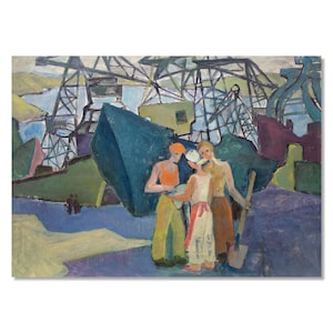 Pintura a óleo vintage industrial autêntica | Trabalhadores ucranianos em uma fábrica de reparos navais