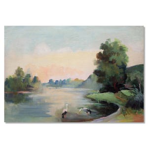 Vintage oil painting with storks by the river