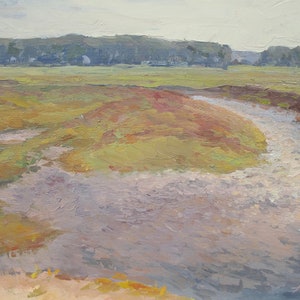 May include: A painting depicting a meandering river flowing through a field, with a line of trees visible in the distance. The river is painted in a light blue hue, while the field displays a blend of green, yellow, and brown tones. The trees are a dark green colour.