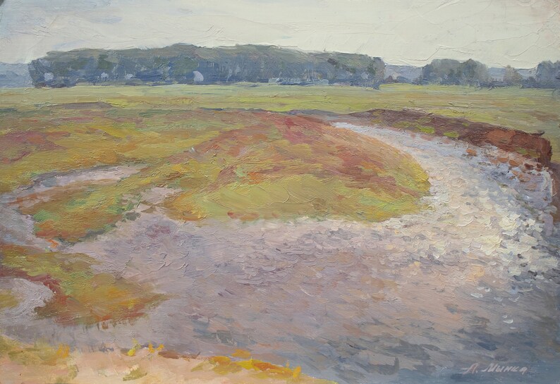May include: A painting depicting a meandering river flowing through a field, with a line of trees visible in the distance. The river is painted in a light blue hue, while the field displays a blend of green, yellow, and brown tones. The trees are a dark green colour.