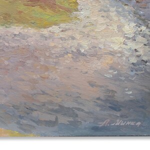 May include: A close-up of a painting with a textured, brushstroke style. The painting depicts a cloudy sky with shades of grey, white, and light blue. The artist's signature, "A. Munka", is visible in the bottom right corner.