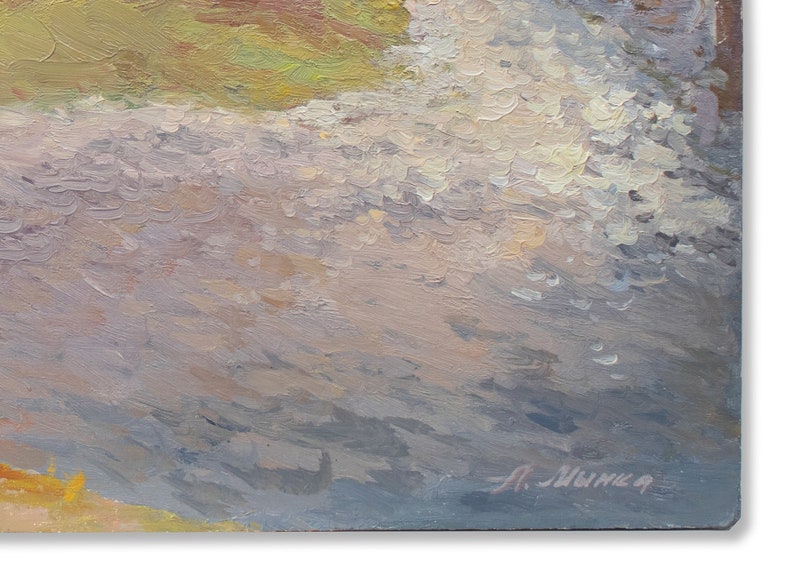 May include: A close-up of a painting with a textured, brushstroke style. The painting depicts a cloudy sky with shades of grey, white, and light blue. The artist's signature, "A. Munka", is visible in the bottom right corner.