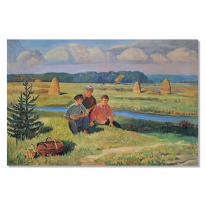 Vintage Genre Painting | Boys with Mushrooms on River Bank | Large size, socialist realism oil artwork