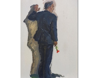 Original Man Portrait | Vintage Art: Ukrainian Artist | Oil Painting of a Man with Red Flower