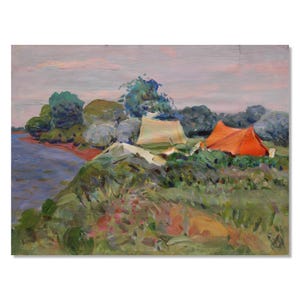 Clima de acampamento rústico: pintura a óleo vintage original de Ivan Tyukha