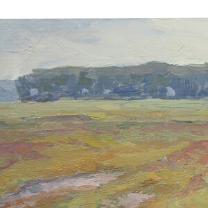 May include: A painting depicting a landscape with a line of trees in the distance. The foreground is a field of yellow, orange, and red brushstrokes. The sky is a light blue with some white clouds.