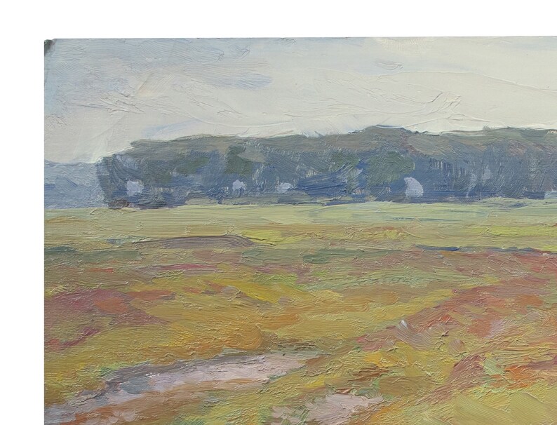 May include: A painting depicting a landscape with a line of trees in the distance. The foreground is a field of yellow, orange, and red brushstrokes. The sky is a light blue with some white clouds.