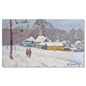 Paisaje rural invernal / Pintura al óleo sobre cartón / Artista ucraniano Boris Yeremin
