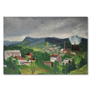 Pintura campestre vintage encantadora | Paisagem montanhosa a óleo | Vila e montanhas | Artista ucraniano