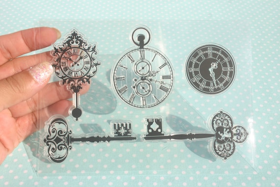 Clear Stamps 2 Keys & 3 Clocks 5pc Clear Stamp Set, Clear Silicone